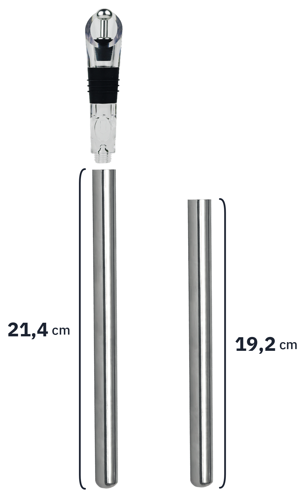 Zwei Kühlstäbe im Größenvergleich: langer Stab 21,4 cm, kurzer Stab 19,2 cm, mit aufgesetztem Ausgießer